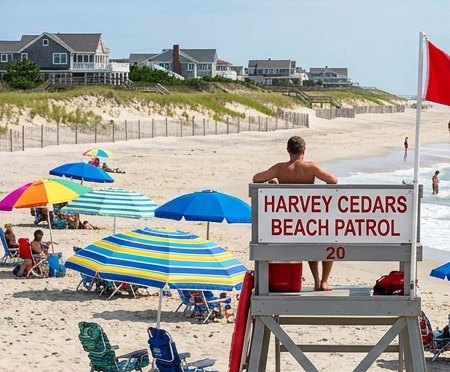 Beach umbrellas and swimmers on a guarded LBI beach