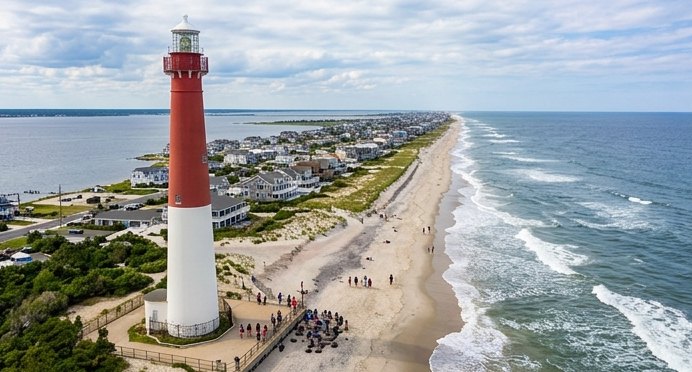Barnegat Lighthouse with the oceanfront stretching south