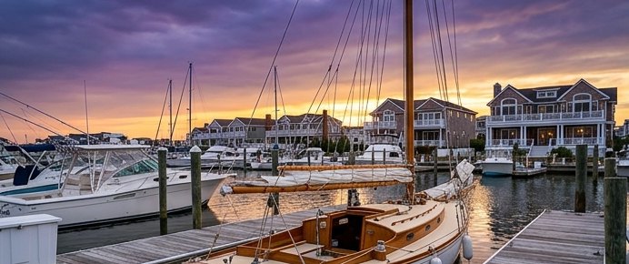 Boats docked at a marina at sunset